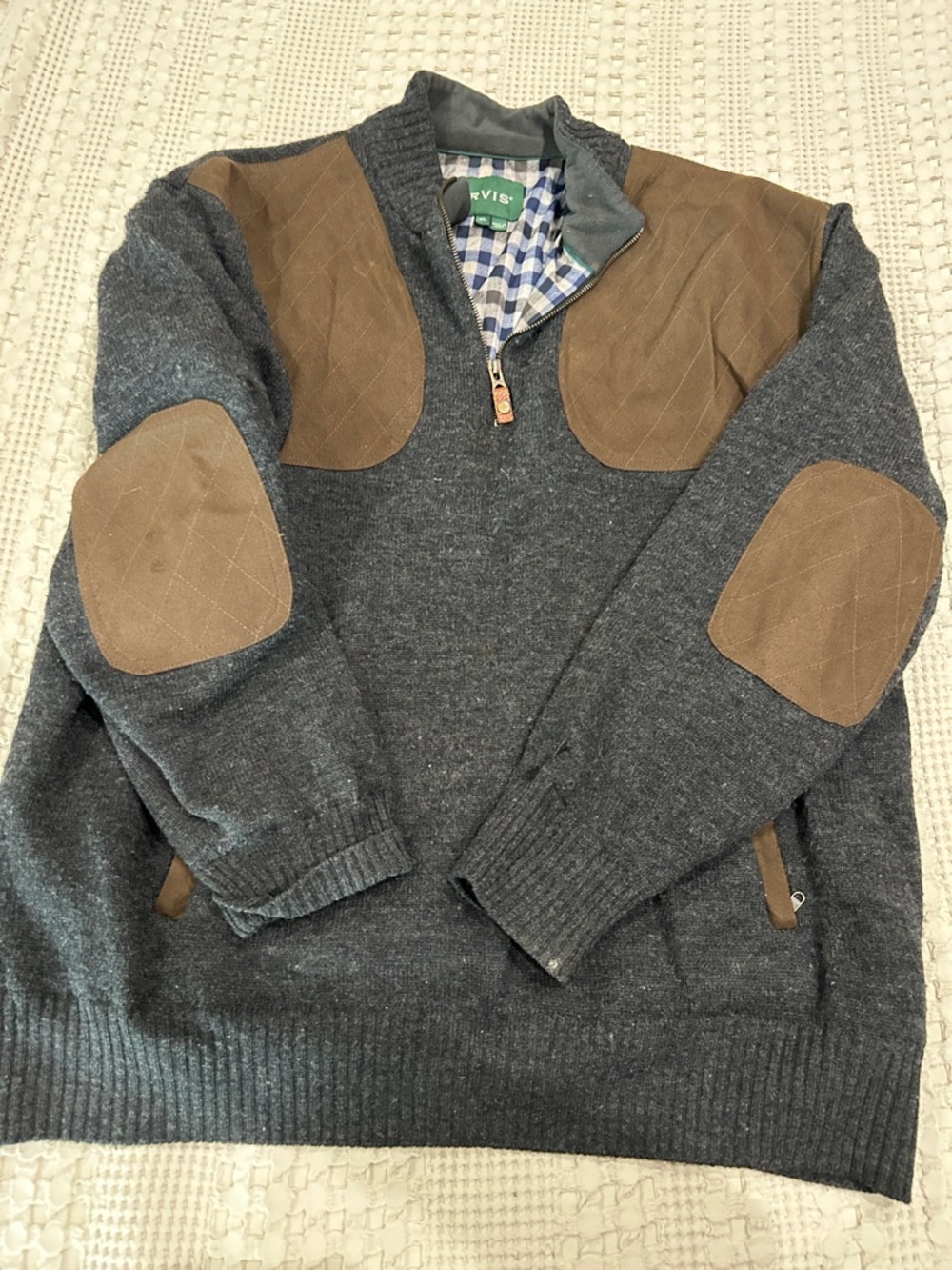 Men's Foul Weather Sweater with Contrast Elbow and Shoulder Patches - Gray/Brown